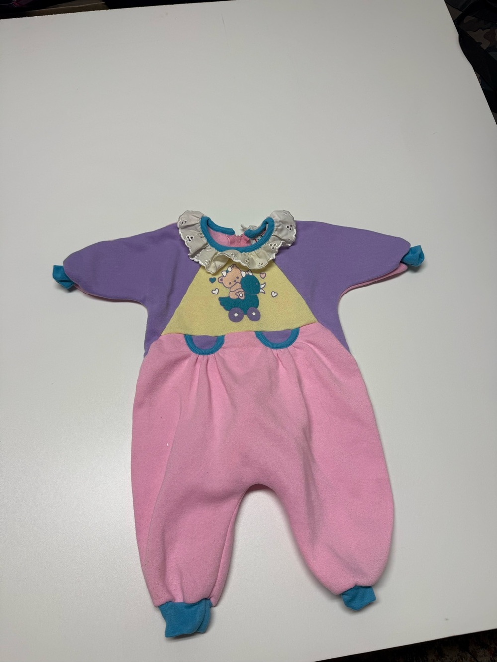 Vintage Pastel Teddy Footie One-Piece in Pink, Purple & Yellow